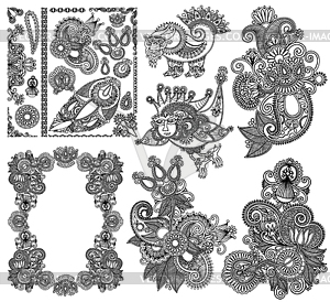 Black line art ornate flower design collection, - vector clipart