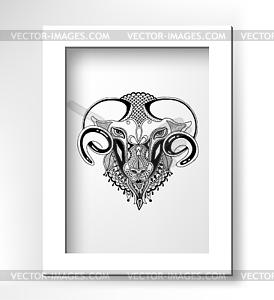 Head goat decorative drawing in ethnic style - vector clip art