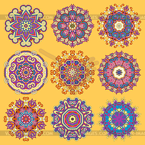 Yellow circle lace ornament, round ornamental - vector clip art