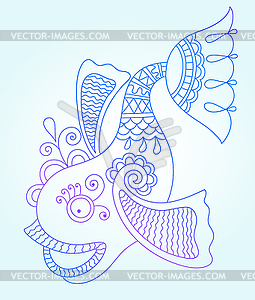 Blue line drawing of sea monster, underwater - vector clip art