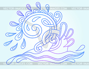 Decorative aquatic blue wave with sparks and drops - vector image