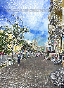 Original digital drawing of Kyiv city street - vector image