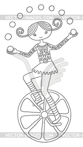 Line art circus theme - teenage girl juggler on - vector clip art