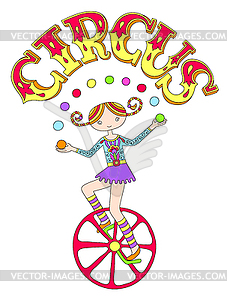 Девочка-подросток жонглер на одноколесном велосипеде с надписью - векторное изображение клипарта