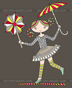 Pretty girl acrobat walking tightrope with an - vector clip art