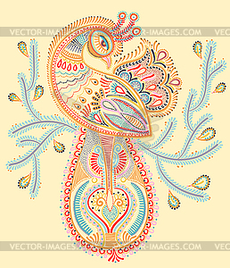 Ethnic folk art of peacock bird with flowering - vector clip art