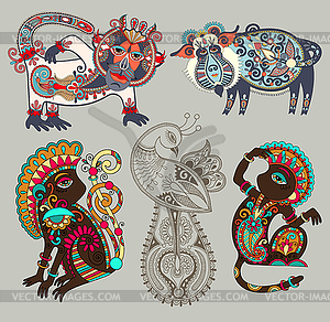 Decorative ethnic folk animals and bird in Ukrainia - vector image