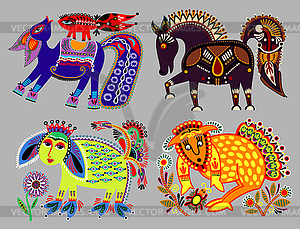 Набор декоративных этнических народных животных на украинском языке - векторное графическое изображение