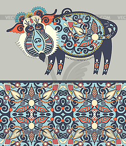 Folk ethnic animal - wild boar with seamless - vector image