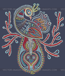 Ethnic folk art of peacock bird with flowering - vector clipart