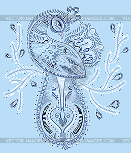 Winter blue ethnic folk art of peacock bird with - vector clip art