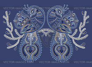 Ethnic folk art of two peacock bird with flowering - vector image