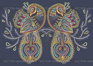 Ethnic folk art of two peacock bird with flowering - vector clip art