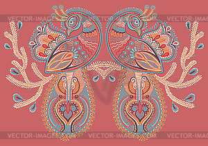 Ethnic folk art of two peacock bird with flowering - vector image