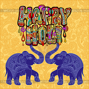 Happy Holi design with two elephants on floral - color vector clipart