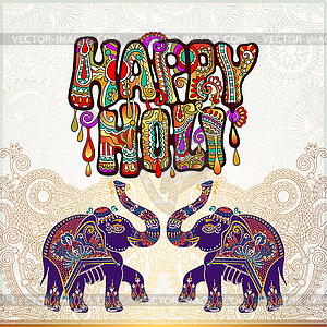 Original Happy Holi design with elephant on floral - color vector clipart