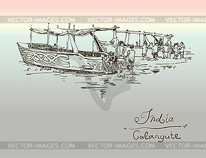 India Calangute Beach sketch drawing with two - vector clip art