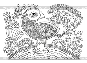 Line drawing page of coloring book bird and flower - vector clip art