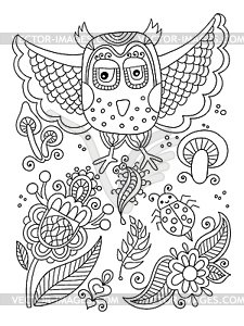 Line drawing of forest elements - owl, flowers, - vector clipart / vector image