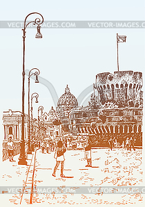 Original hand drawing of cityscape with fortress - vector clipart