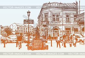 Digital sketch Uzhgorod cityscape, Ukrain - color vector clipart