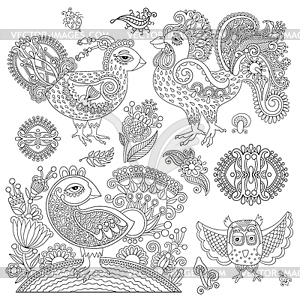 Set of original black and white line art rooster - vector clipart