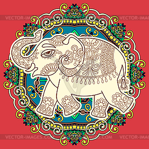 Ethnic indian elephant pattern drawing on circle - vector clip art