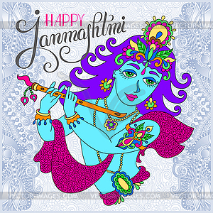 God lord Krishna with hand lettering inscription - color vector clipart