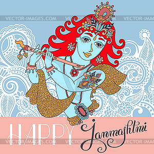 God lord Krishna with hand lettering inscription - vector clipart