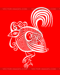 Original red line art rooster calligraphy drawing, - royalty-free vector clipart