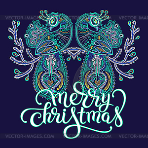 Winter blue ethnic folk art of peacock bird with - vector image