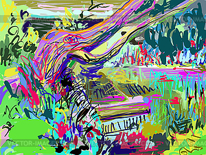 Plein air digital painting of summer landscape in - vector image