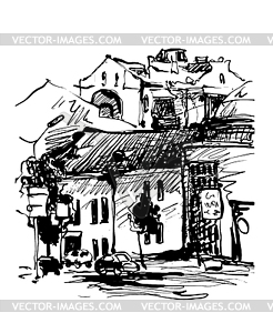 Original black and white digital sketch of Kyiv, - vector image