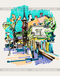 Original hand draw marker sketch of Kyiv building - vector clipart