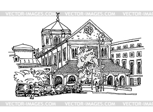 Black and white sketch drawing of Rome cityscape, - vector image