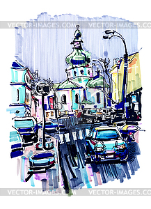 Original marker urban sketch on paper of Kyiv - royalty-free vector image