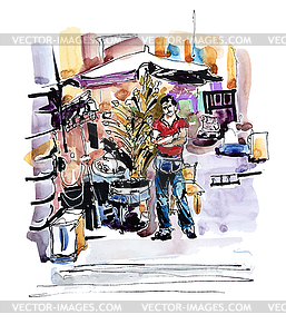 Watercolor painting street sellers of chestnuts in - royalty-free vector clipart