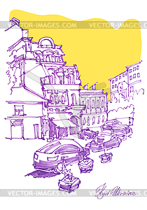 Руки эскиз чертеж улицы Подола в Киеве - стоковый клипарт