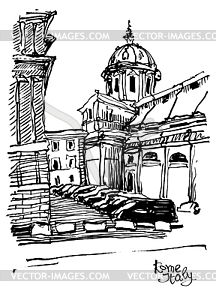 Black and white sketch drawing of Rome cityscape, - vector clipart