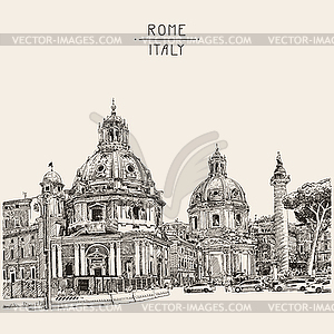 Drawing of Rome Italy cityscape with lettering - vector clipart