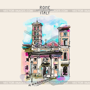 Original freehand watercolor travel card of Rome - vector clip art