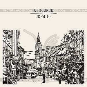 Sketch of Uzhgorod cityscape, Ukraine, town - vector clipart