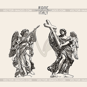 Drawing of marble statue of two angels of - vector image