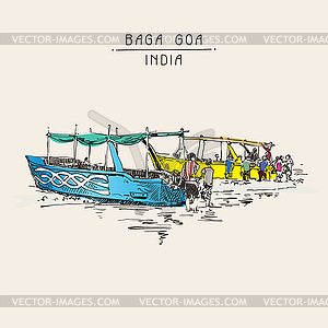 India Baga Beach sketch drawing with two boats - stock vector clipart