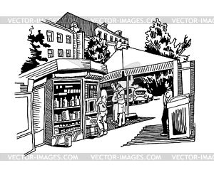 Original black and white digital sketch of street - vector image