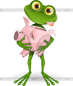 Frog with piggy bank - vector image