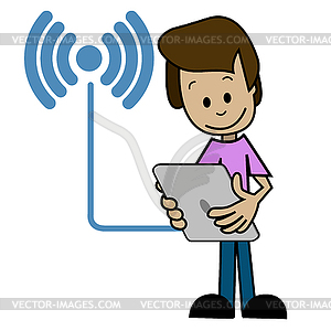 Cartoon Man and tablet - vector clip art