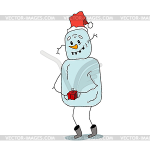 Stock Funny Snowman with Gift - vector image