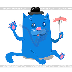 Синяя кошка с колбасой - векторное изображение EPS