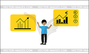 Guy points to computer display with various - vector clipart